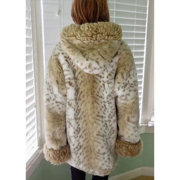 Vtg 80s Coldwater Creek Coat Snow Leopard Faux Fur Oversized Jacket Toggles PL - Picture 6 of 8